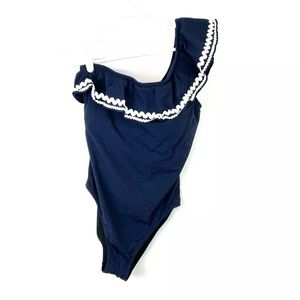J Crew Women’s Navy Blue One Shoulder Ruffle One Piece Swimsuit Size 8